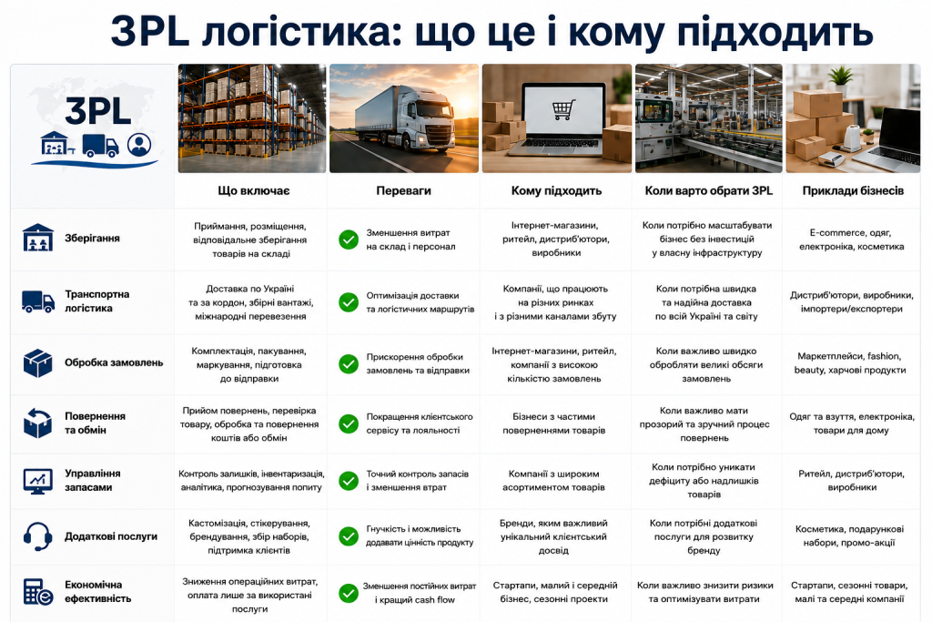 Інфографіка про послуги 3PL логістики, переваги та сфери застосування для бізнесу