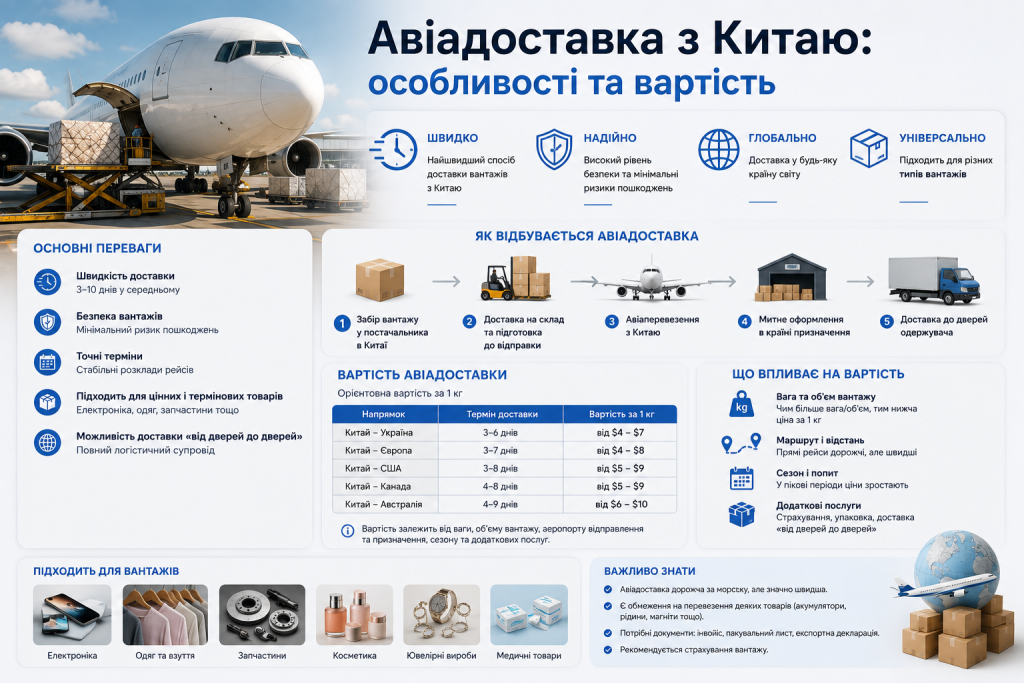 Інфографіка про авіадоставку вантажів з Китаю, її переваги, терміни, вартість та етапи перевезення