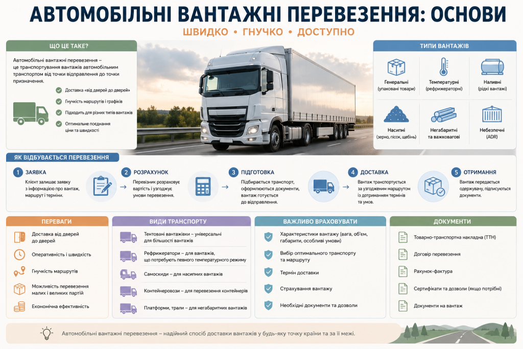 Інфографіка про етапи автомобільних вантажних перевезень від оформлення замовлення до доставки одержувачу