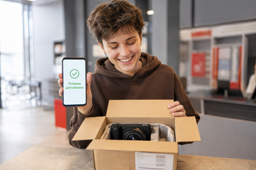 Схема роботи OLX Доставки для покупця та продавця Покупець отримує посилку з товаром у відділенні та підтверджує успішну доставку на смартфоні