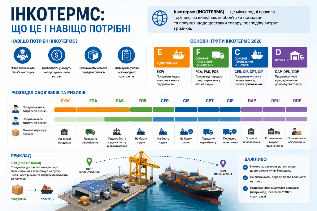 Інфографіка про правила Інкотермс 2020, розподіл витрат, обов’язків і ризиків між сторонами