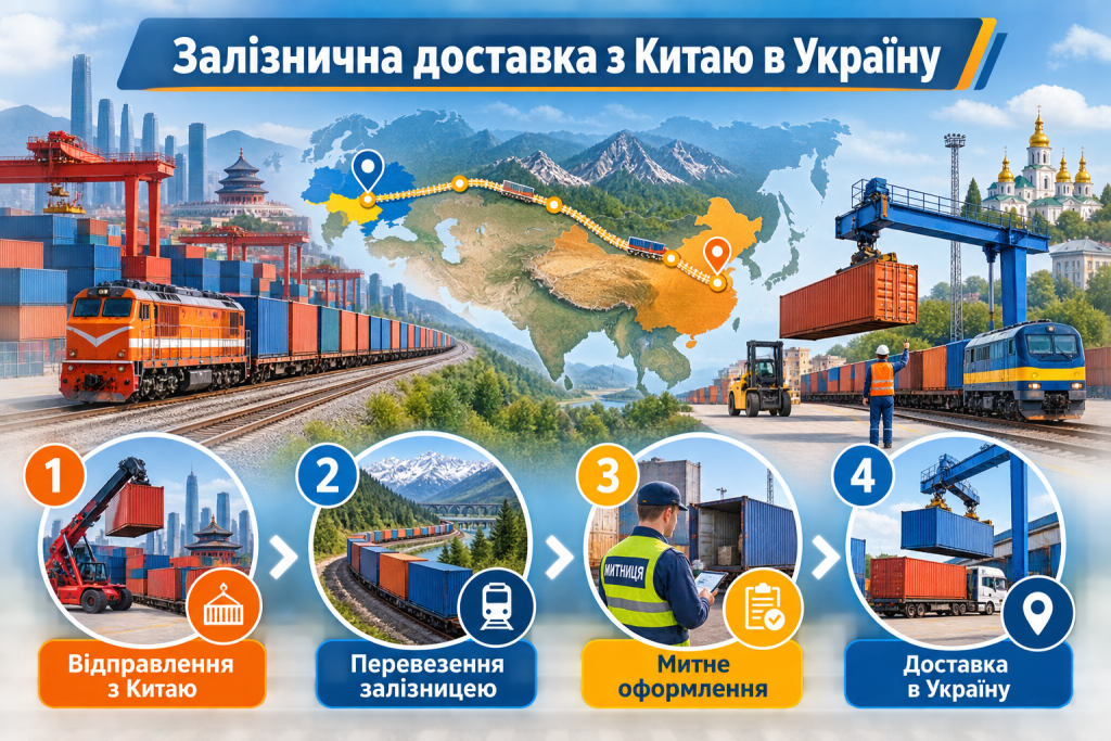 Інфографіка про маршрут, терміни, етапи та особливості залізничної доставки вантажів із Китаю в Україну