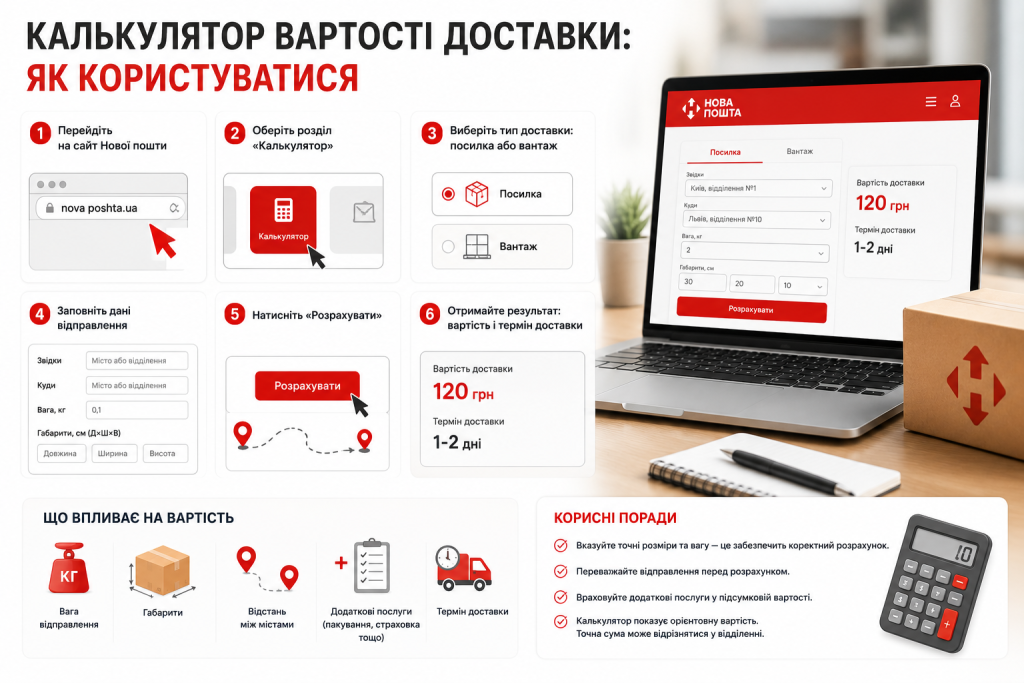 Інфографіка з інструкцією користування калькулятором вартості доставки Нової пошти