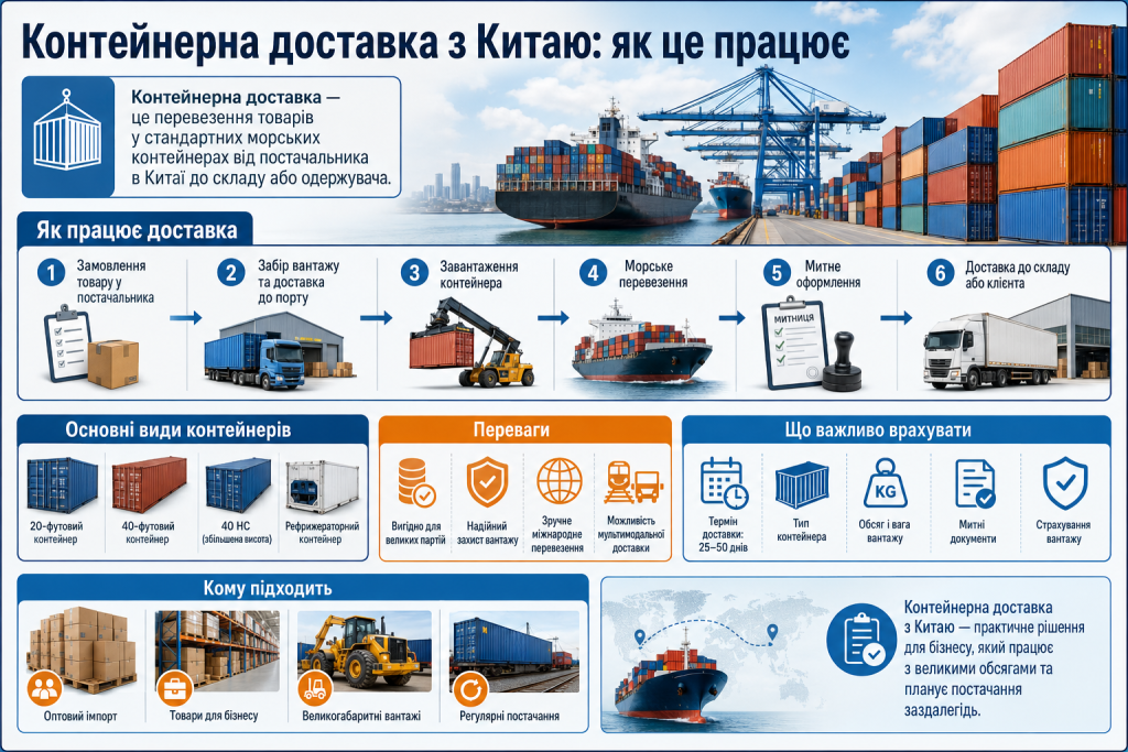 Інфографіка про етапи контейнерної доставки товарів з Китаю морським транспортом