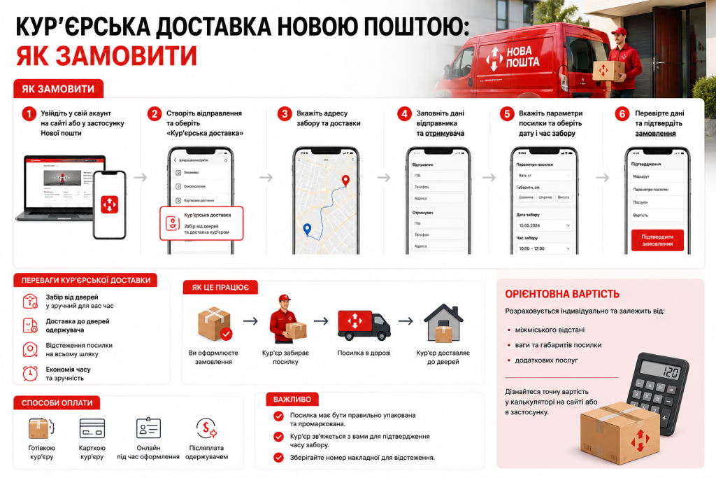 Інфографіка з покроковою інструкцією замовлення кур’єрської доставки Новою поштою