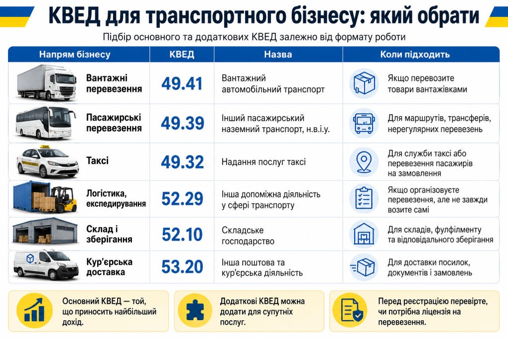 Таблиця КВЕД для транспортного бізнесу — вантажні й пасажирські перевезення, таксі, логістика та кур'єрська доставка