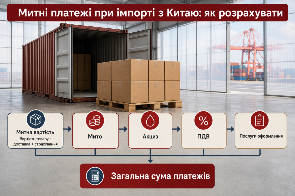 Інфографіка про розрахунок митної вартості, мита, акцизу, ПДВ та послуг оформлення при імпорті товарів з Китаю