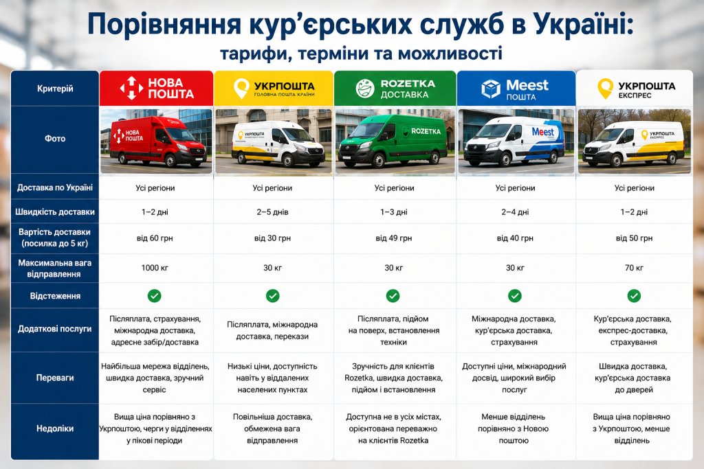 Таблиця порівняння тарифів, термінів і можливостей популярних кур’єрських служб України