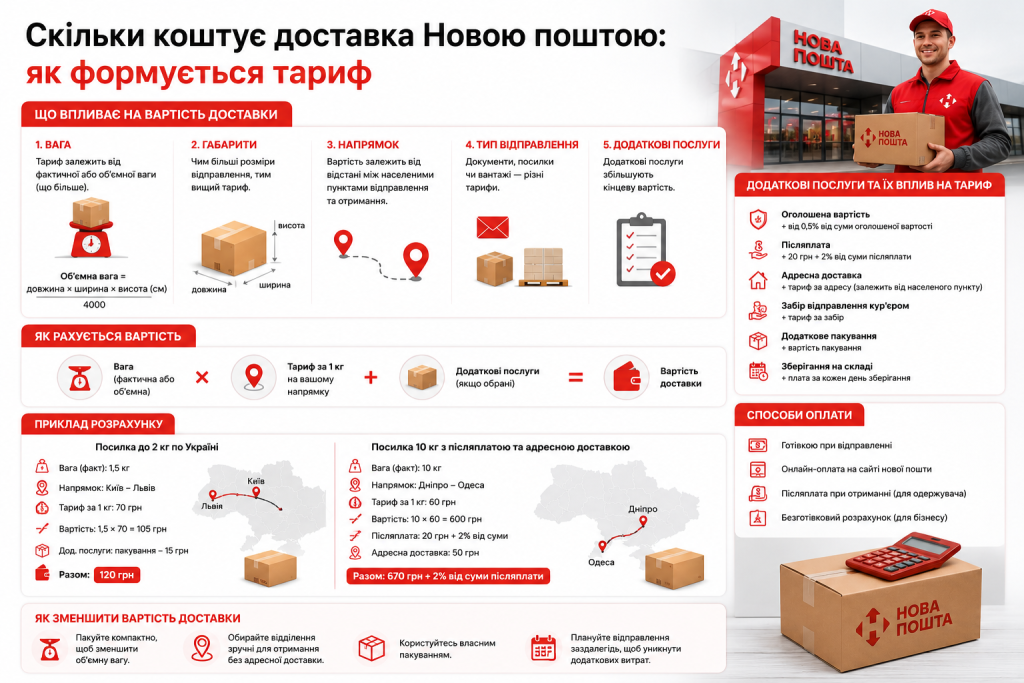 Інфографіка про формування тарифу та розрахунок вартості доставки Новою поштою
