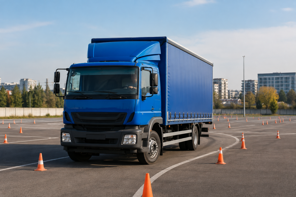 Водійське посвідчення категорії С від А до Я Вантажний автомобіль проходить практичне навчання між конусами на автодромі