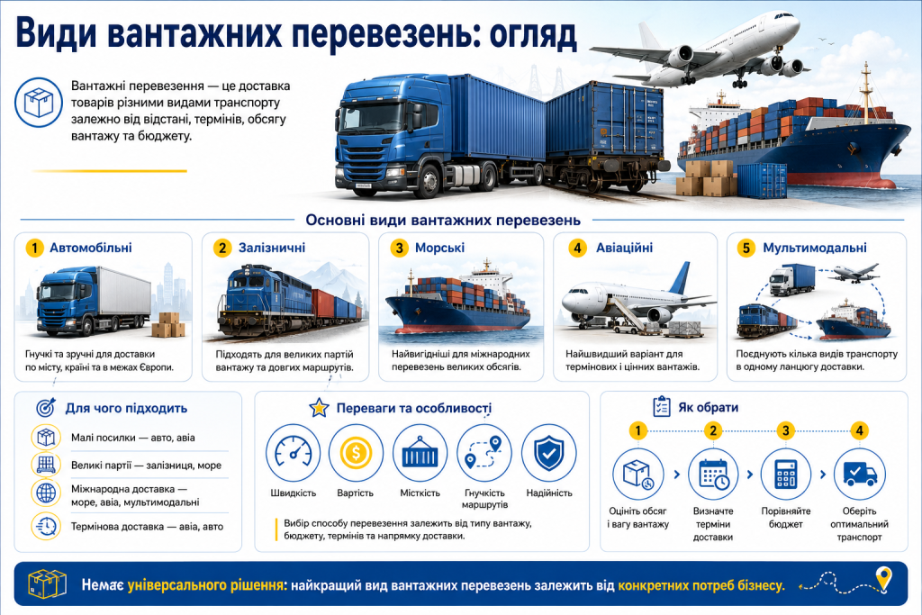 Основні види вантажних перевезень — автомобільні, залізничні, морські, авіаційні та мультимодальні