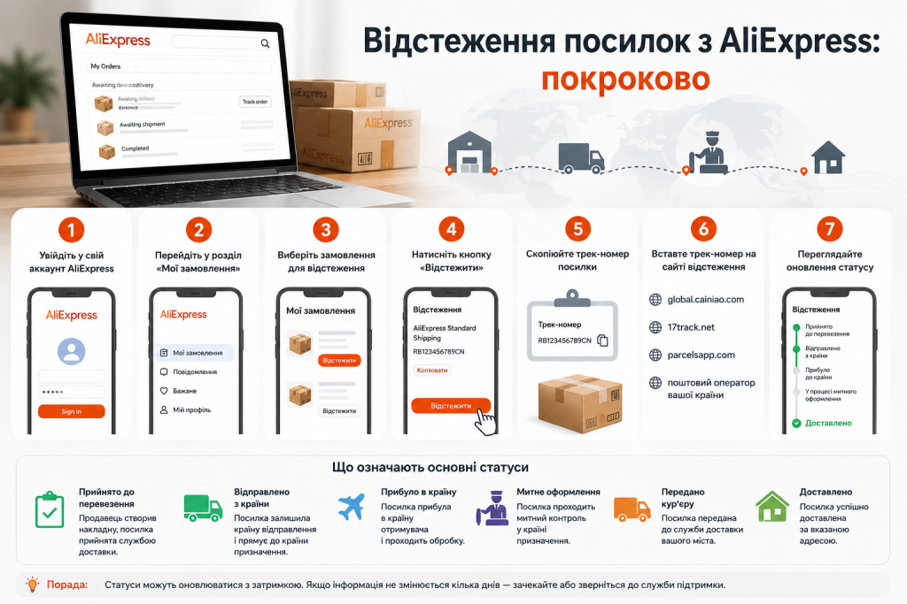 Покрокова інструкція з відстеження посилки з AliExpress за трек-номером та перевірки статусу доставки