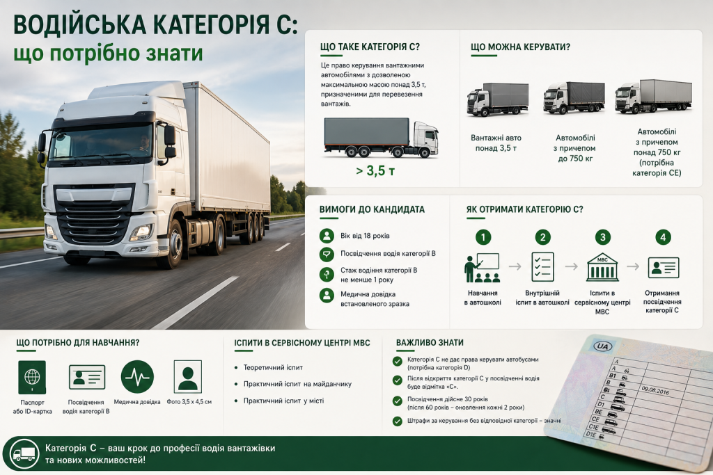Інфографіка про водійську категорію C, вимоги до кандидата та отримання посвідчення