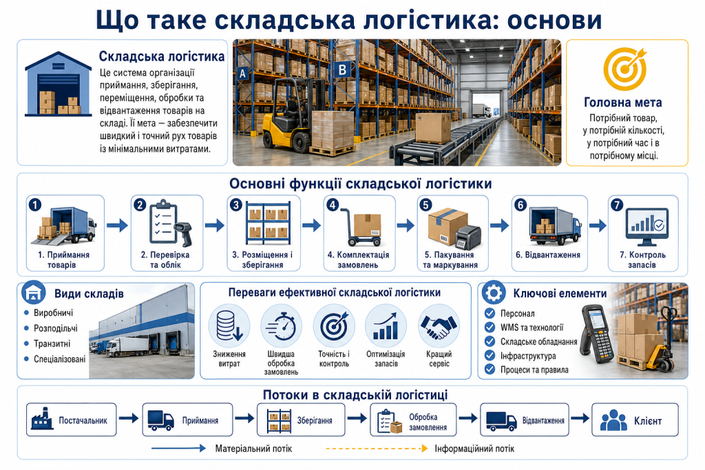Інфографіка про складську логістику, її основні функції, етапи руху товарів, зберігання та обробку замовлень