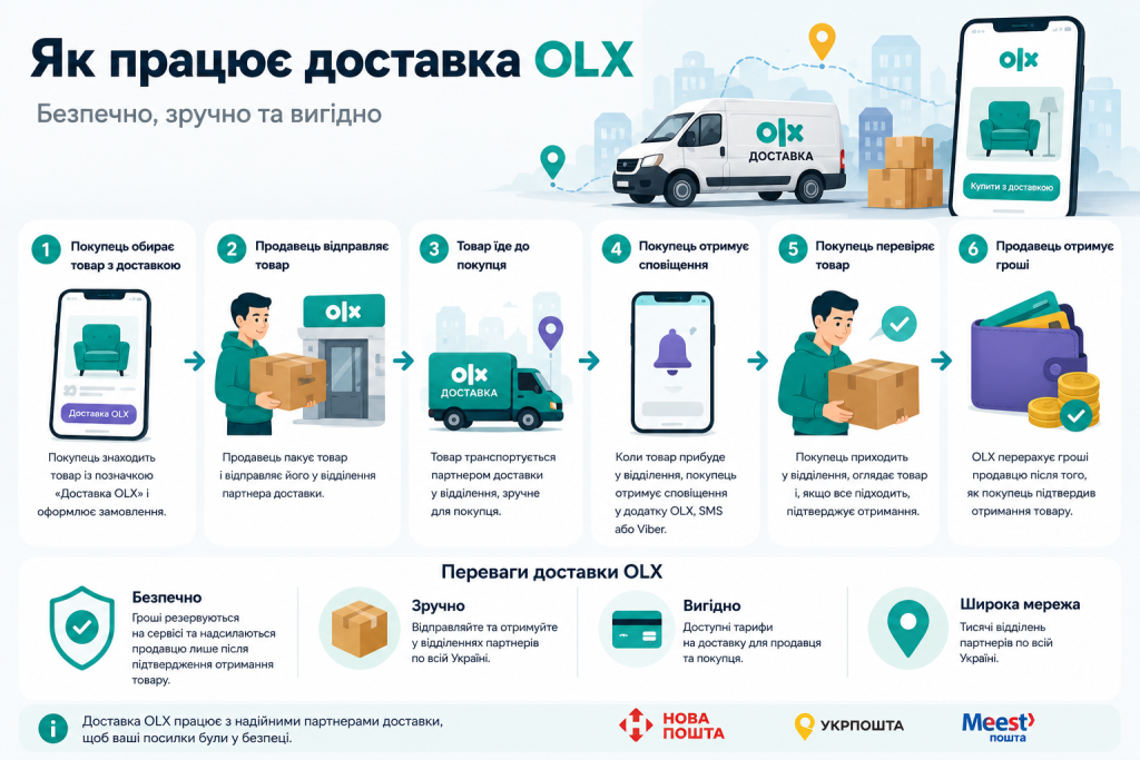 Покрокова схема роботи OLX Доставки від оформлення замовлення до отримання товару покупцем і виплати продавцю