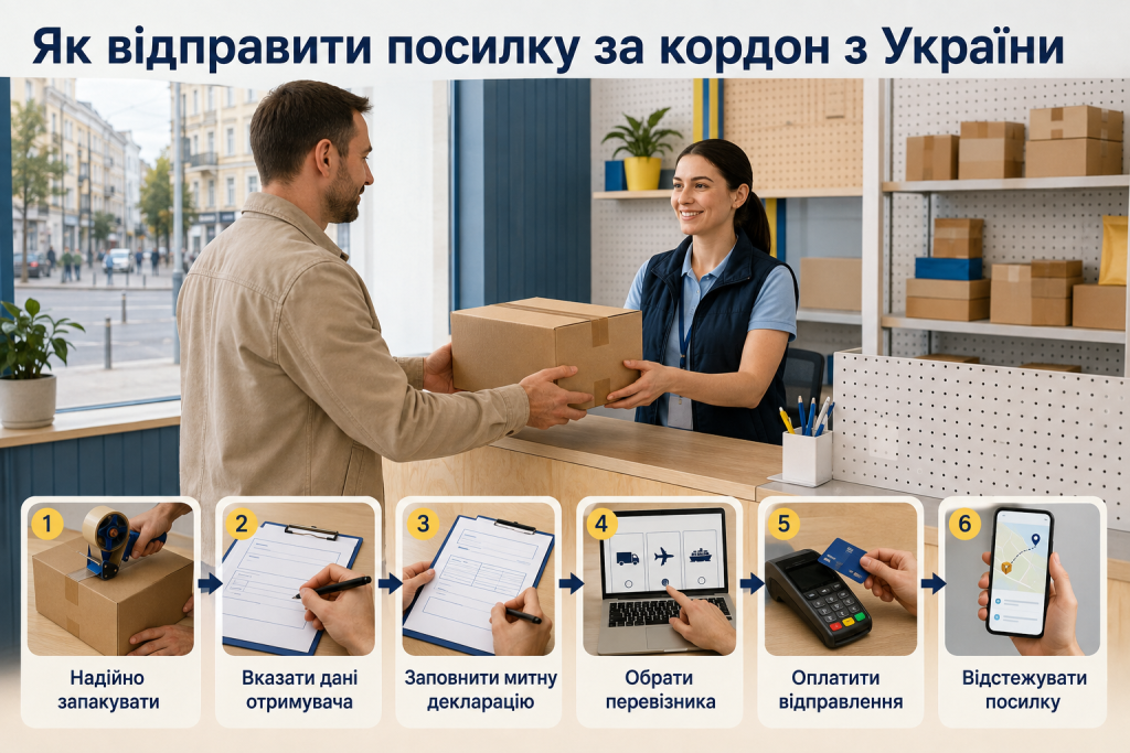 Покрокова інфографіка відправлення міжнародної посилки з пакуванням, заповненням даних, митною декларацією, оплатою та відстеженням