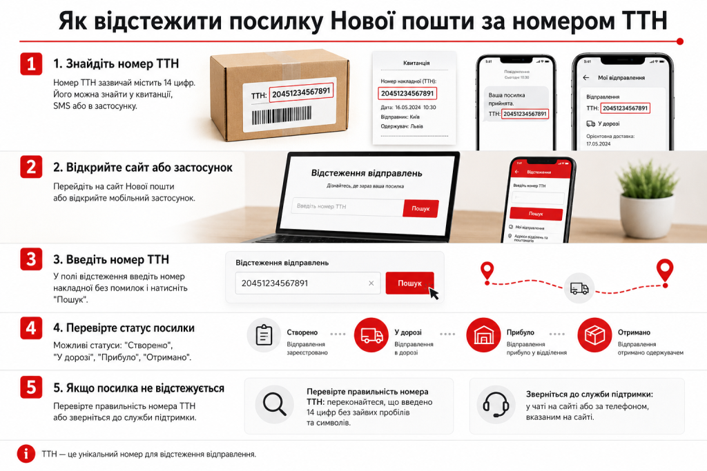 Покрокова інструкція, як відстежити посилку Нової пошти за номером ТТН та перевірити статус відправлення