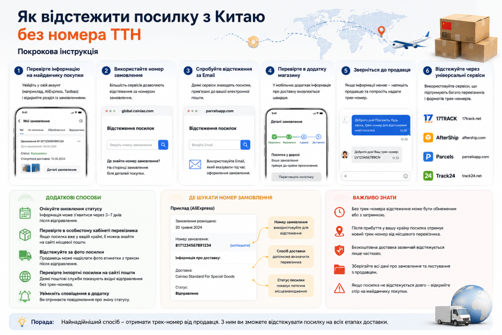 Інфографіка з покроковими способами відстеження посилки з Китаю без номера ТТН