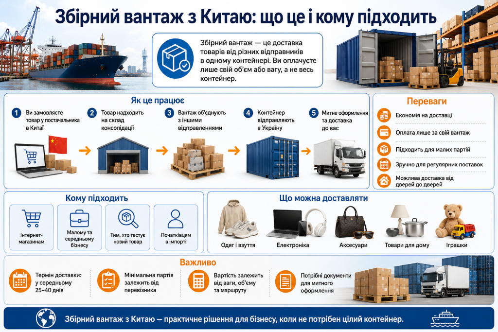 Інфографіка про доставку збірних вантажів з Китаю, її етапи та основні переваги