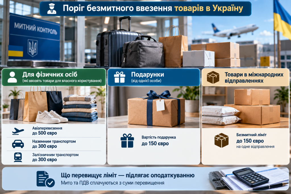 Інфографіка про ліміти безмитного ввезення товарів в Україну для фізичних осіб, подарунків та міжнародних поштових відправлень.