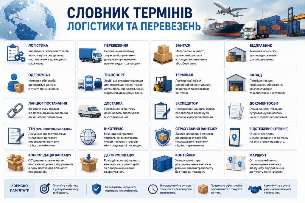 Інфографіка зі значеннями основних термінів логістики, перевезень, доставки, складу, вантажу, маршруту, контейнера та страхування