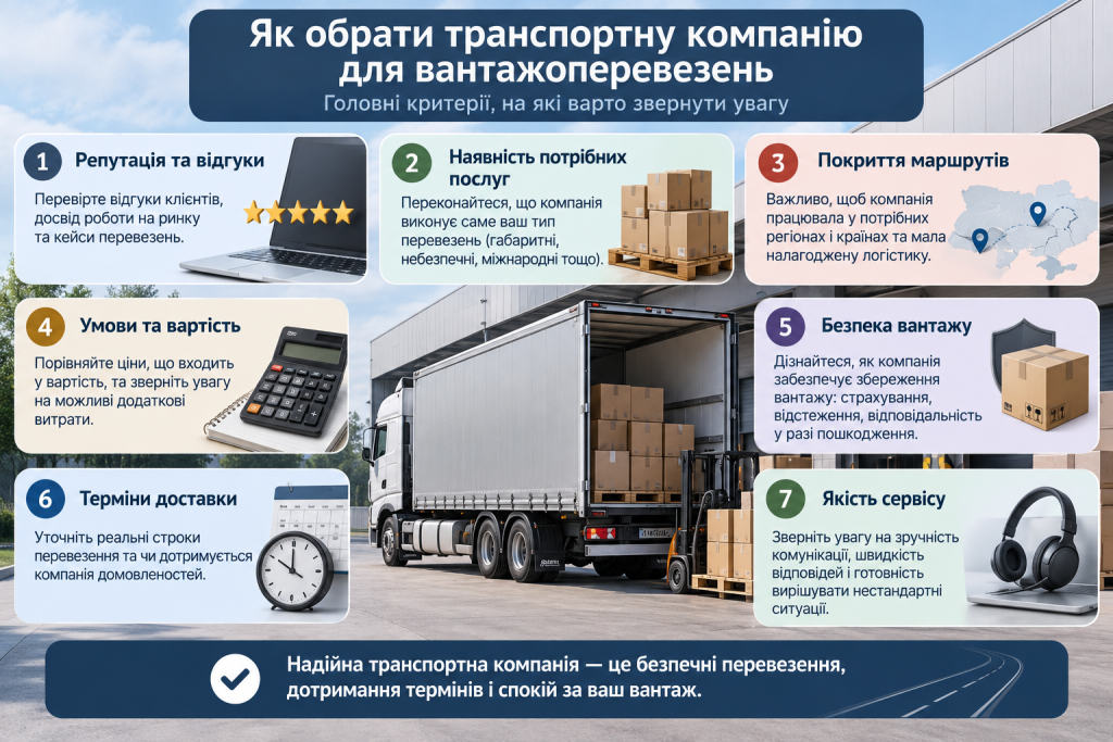 Інфографіка про критерії вибору транспортної компанії: репутацію, маршрути, вартість, строки доставки, безпеку вантажу та якість сервісу.