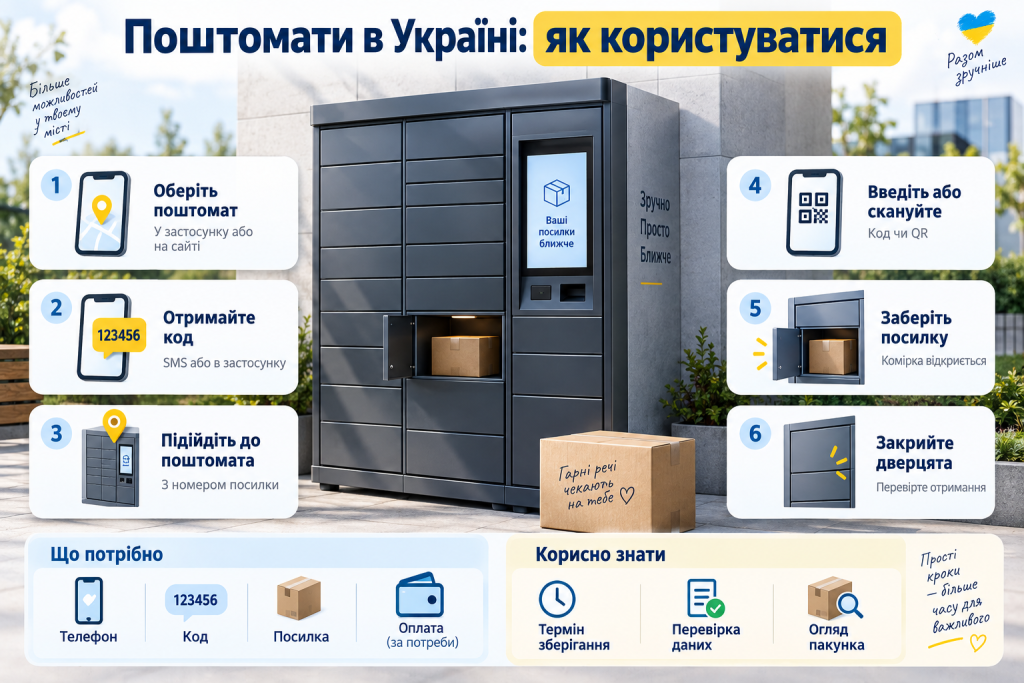 Інфографіка з покроковою інструкцією, як отримати посилку через поштомат в Україні за допомогою коду або QR-коду.