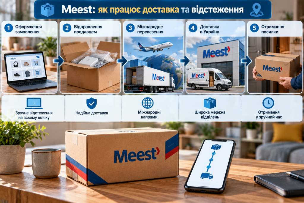 Інфографіка про доставку Meest від оформлення замовлення і міжнародного перевезення до доставки в Україну та отримання посилки.