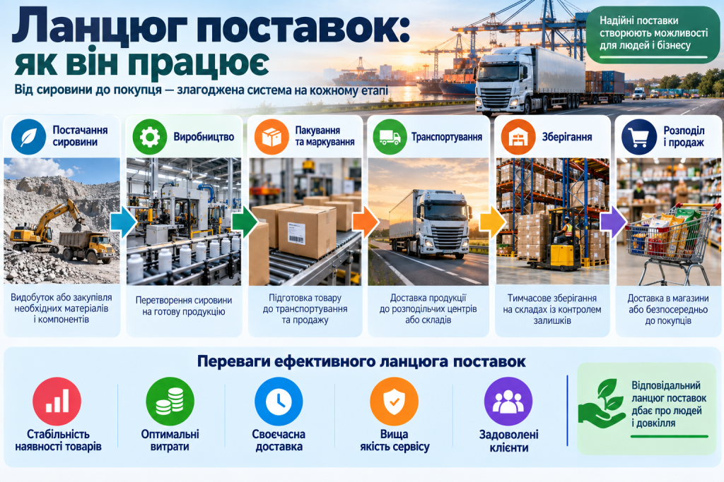 Інфографіка про основні етапи ланцюга поставок від сировини та виробництва до продажу