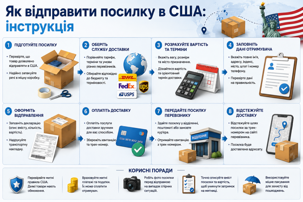 Інфографіка про відправлення посилки в США з пакуванням, вибором служби доставки, оформленням документів, оплатою та відстеженням