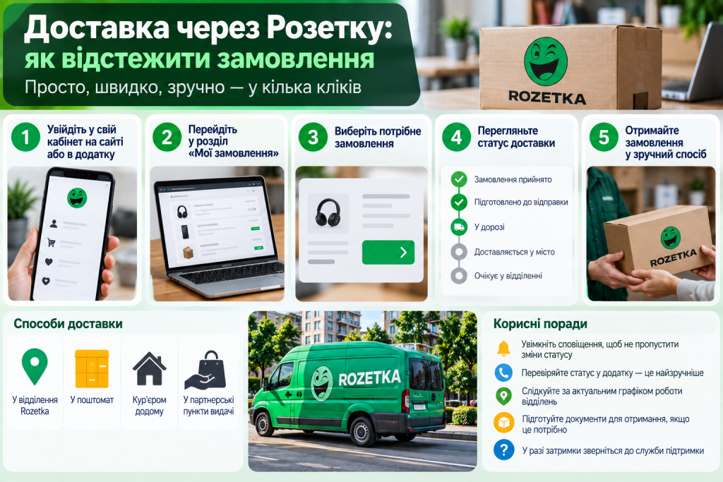 Як відстежити доставку та статус замовлення через Rozetka — покрокова інфографіка